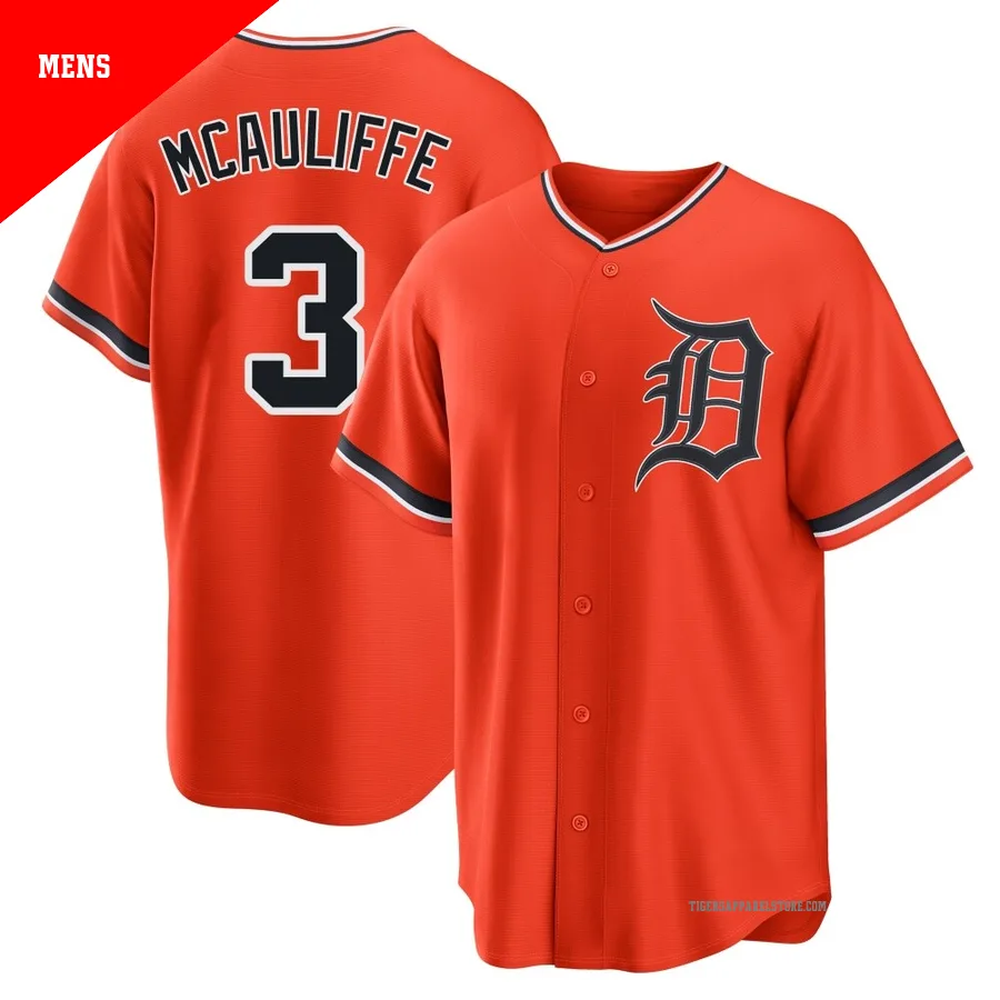 Men's Detroit Tigers Dick Mcauliffe ＃3 Orange Replica Alternate Jersey