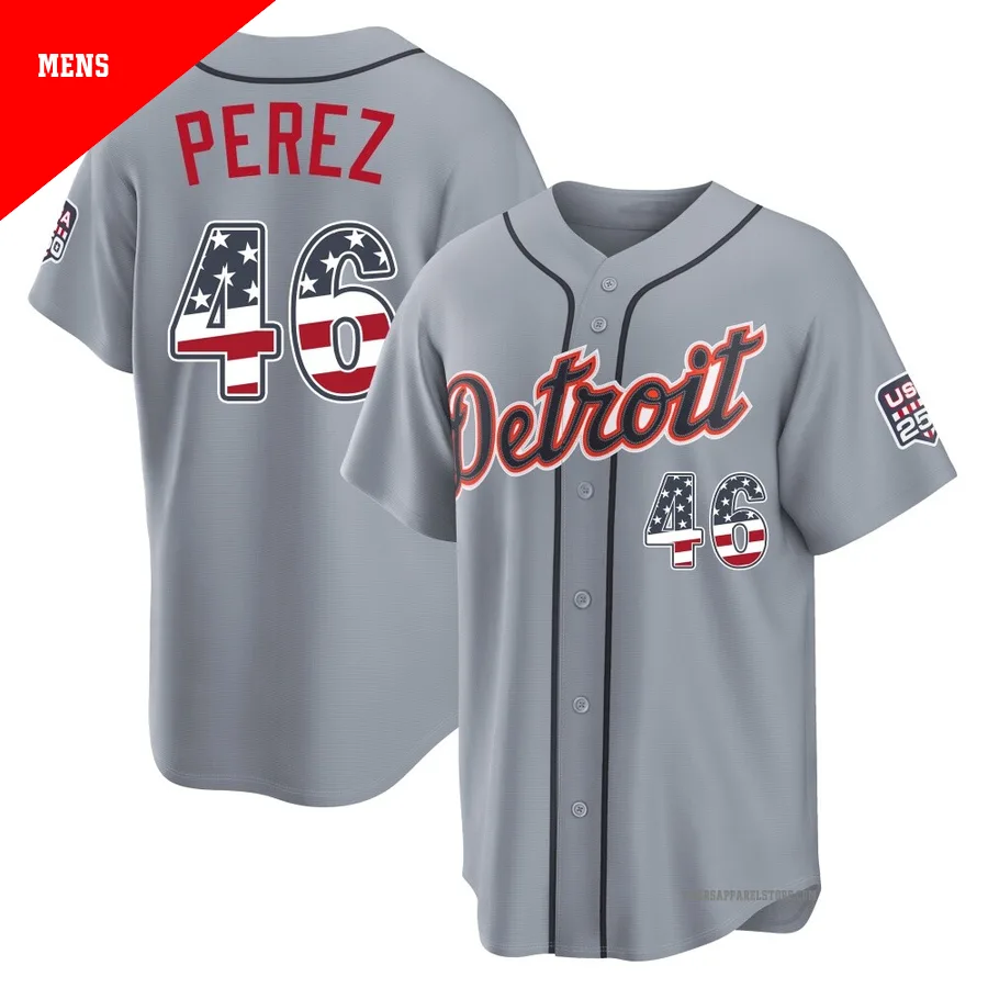 Men's Detroit Tigers Wenceel Perez ＃46 Gray Limited USA 250 Fourth Of July Road Stadium Jersey