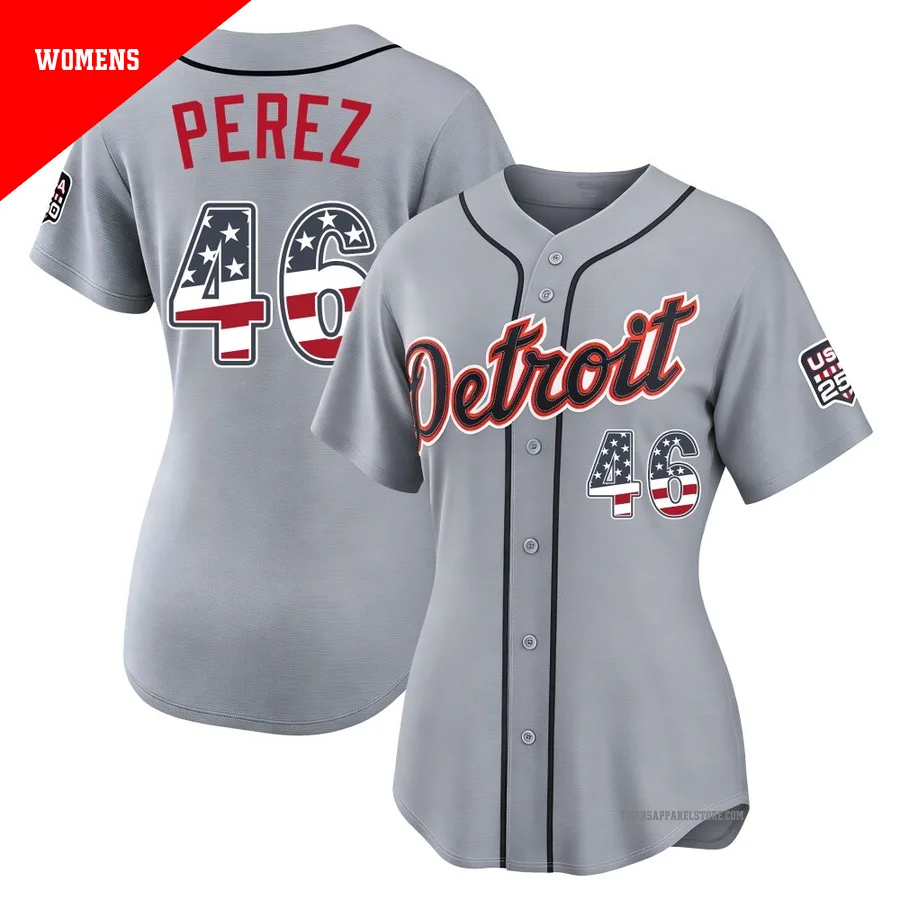 Women's Detroit Tigers Wenceel Perez ＃46 Gray Limited USA 250 Fourth Of July Road Stadium Jersey