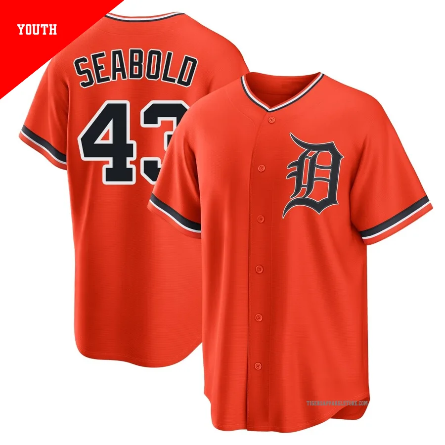 Youth Detroit Tigers Connor Seabold ＃43 Orange Replica Alternate Jersey