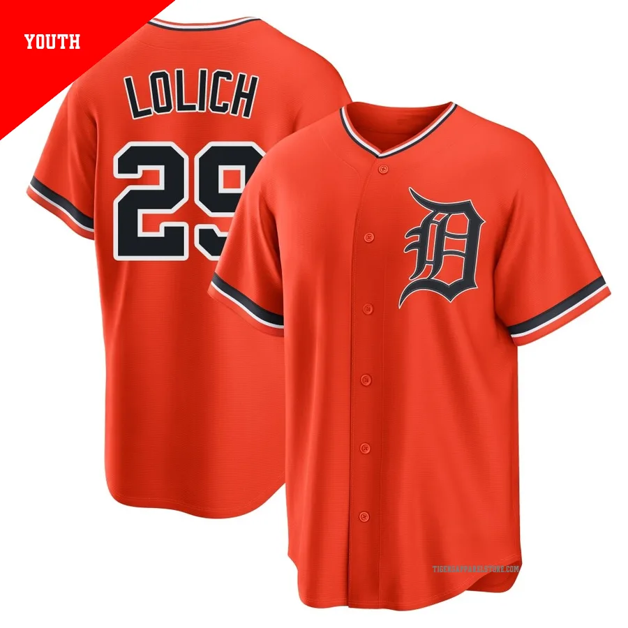 Youth Detroit Tigers Mickey Lolich ＃29 Orange Replica Alternate Jersey